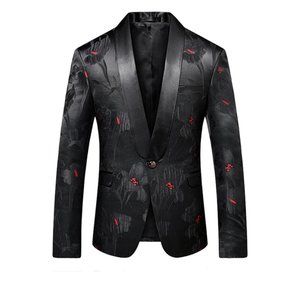 MOGU Men Slim Fit Blazer Suit Jacket Black Printed Jacquard Sport Coat